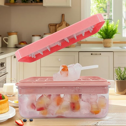 Satax Silicone & Plastic Ice Cube Trays with Lids and Bin - Durable, BPA-Free, Easy Release, Perfect for Cocktails, Coffee & More (1, pink)