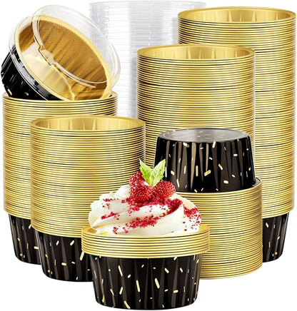 EUSOAR Disposable Ramekins with Lids, 400pcs 5oz Aluminum Foil Cupcake Liners Ramekins Cups for Baking, Dessert Cups Aluminum Cheesecake Pan Creme Brulee Baking Cups for Oven-Black Meteor Shower