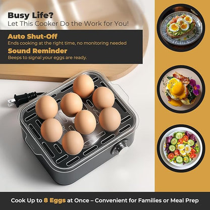 Annie & Mia Design Electric Egg Cooker, Stainless Steel 8 Egg Capacity egg boiler, 500W, Hard, Medium, Soft Boiled Egg Poacher, egg steamer, Multi-function, Knob Auto Shut-Off Function (Black)