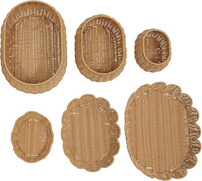 3 Pcs Wicker Storage Baskets with Lid Hand Woven Plastic Wicker Set Round Scalloped Organizer Box Natural Woven Storage Bins for Picnic,Bread,Eggs,Fruits