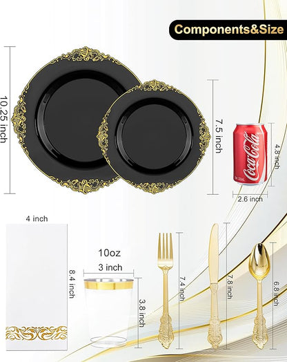 Nervure 350PCS Black Plastic Plates - Black Plastic Dinnerware Sets for 50 Guests - 100 Disposable Plates, 150 Gold Silverware, 50 Cups, 50 Napkins for Wedding & Party & Halloween