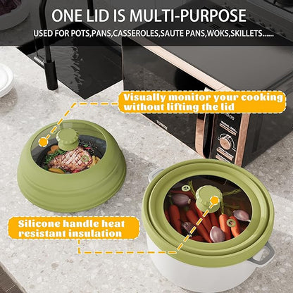 Collapsible Microwave Splatter Cover - Vented Silicone & Glass Lid with Easy-Grip Handle, Fits 6 to 8 Inch Plates & Bowls, 9 Inch Diameter, Prevents Splatters & Ensures Even Heating