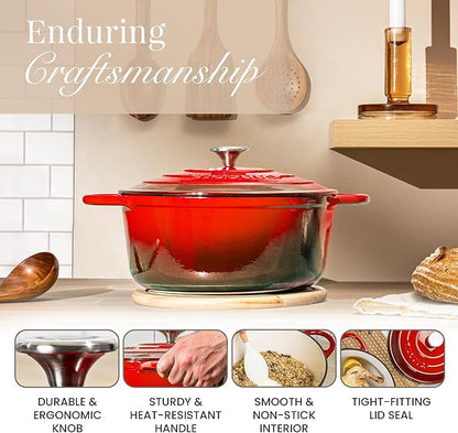 Nuovva Enamelled Cast Iron Dutch Oven Pot with Lid – 6.4 Quart Non Stick Casserole Pot – Heavy Duty & Oven Safe up to 500° F for Bread Baking, Braising, Stews, Roasting – 28cm Red