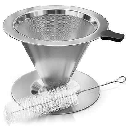 Stainless Steel Pour Over Coffee Maker With Cleaning Brush & Non-Slip Silicone Handle - 2 Cups Capacity Stainless Steel Coffee Pour Over Dripper With Secure Wide Base, Clean Flavor Paperless