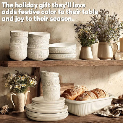 Artena Pasta Bowls, 50oz Large Salad Serving Bowls, 9.75'' Plates Bowls Set of 4, Big White Ceramic Soup Bowls for Kitchen, Embossment Shallow Dinner Bowl, Microwave Dishwasher Safe, Wheat Leaf