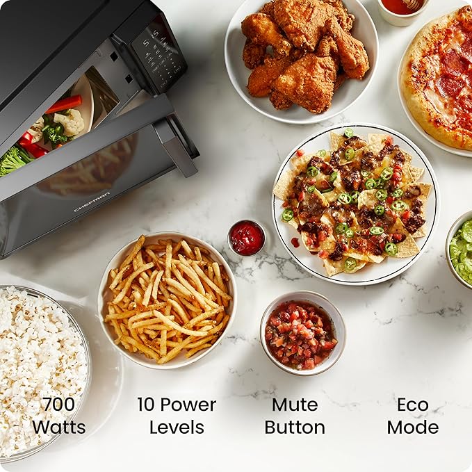 Chefman Countertop Microwave Oven 0.7 Cu. Ft., 700 Watts with 10 Power Levels, 6 Cooking Presets with One-Touch Express Cook, Eco Mode, Child Safety Lock, & Mute Button - Black