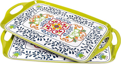 Large Serving Platter with Handles,19”x12”Large Rectangular Melamine Serving Tray Set of 2, Kitchen Food and BBQ Serving Platter, Talavera Grilling Prep and Serve Tray, Dishwasher Safe