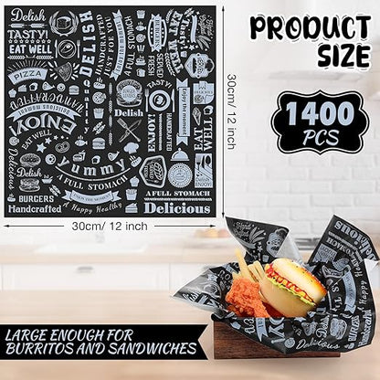 Outus 1400 Pcs 12 x 12 Inch Deli Wax Paper Sheets Grease Resistant Tray Basket Liners Newsprint Paper Water and Grease Proof Sandwich Wrapping Square Hot Dog Wrapper for Food Baking (Black)