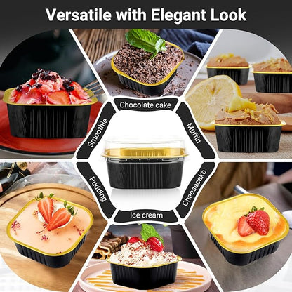EUSOAR Square Dessert Cups with lids, 10oz 50pcs Disposable Muffin Liners Cupcake Cups Desserts Flan, 300ml Baking Cups, Aluminum Foil Desserts Flan, Custard Cake Catering Gathering Favor-Black Gold