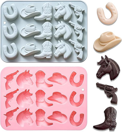 Cowboy Chocolate Molds,2PCS Cowboy Silicone Mold,Cowboys Hat Boot Horse Saddle Shape Candy Molds,Western Themed Party Baking Moulds Jello Ice Cube Candle Mold for Cupcake Cakesicle Decorations