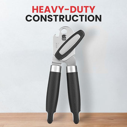 Zulay Kitchen Heavy Duty Stainless Steel Can Opener Manual with Large Bottle Opener - Manual Can Opener with Turn Knob with Soft Grip Handles - Black