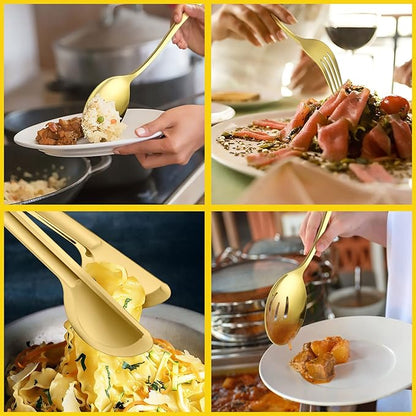 Large Gold Serving Utensils Set of 8, E-far Stainless Steel 9.8 Inch Serving Spoons Slotted Spoon, 9.9 Inch Forks, 9.4 Inch Tong for Buffet Catering, Mirror Finish & Dishwasher Safe