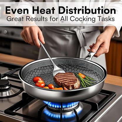 Non Stick Frying Pans Set with 3 Lid, Non-Toxic Hybrid Pans Set Nonstick (8+10+12inch),Pan for cooking, nonStick Cookware, Dishwasher and Oven-Safe Cookware Sets, Stainless Steel Skillets