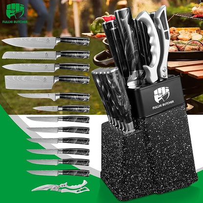 FULLHI 14pcs Block Knife Set, Chef's Knife Steak Knives Set with Block and Sharpener, Kitchen Knife Set, Multi-colour Handle, Gifts for Men Women