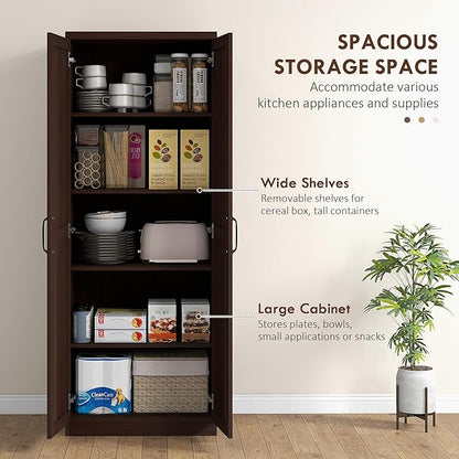 HOMCOM 63" 2-Door Kitchen Pantry, Freestanding Storage Cabinet with 5-Tier Shelving and 2 Adjustable Shelves for Dining Room, Cinnamon Cherry Wood Grain