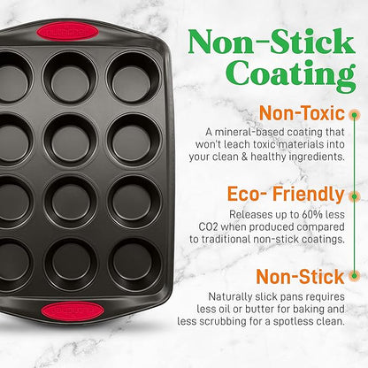 NutriChef 6-Piece Baking Pan Set - Carbon Steel Stackable Bakeware with Red Silicone Handles & Nonstick Coating, Includes Cookie Sheets, Roaster Pan with Lid, Loaf Pan, and 12 Cup Muffin Pan (Black)