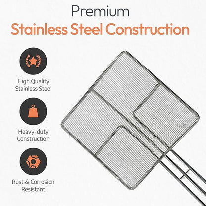 Wire Mesh Strainer with Long Handle | 4-Pack | 6.5" Square Frying Spoon | Cooking Oil Strainer for Deep Fryer & Professional Restaurant Use | Commercial Grease Skimmer