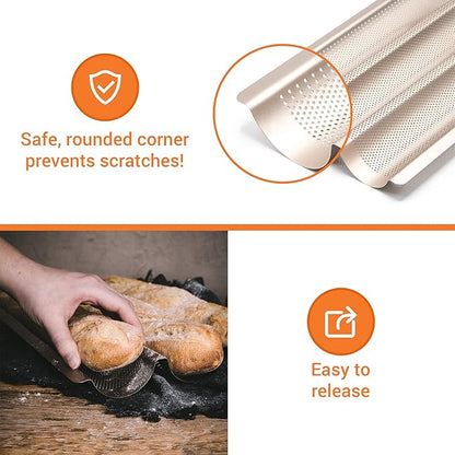French Bread Kit - Baguette Pan for Baking, Silicone Baking Mat, Dough Cutter and Scraper, Bread Lame Cutter, & Bakers Couche Proofing Cloth - Nonstick Bread Pans for Homemade Bread Gift Set