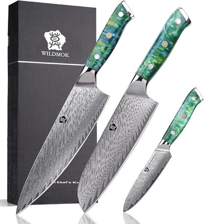 WILDMOK Professional Kitchen Knife Sets 3 PCS,Damascus Steel Chef Knife Set, 3PCS Ultra Sharp Japanese Kitchen Knives, Ergonomic Resin Handle Elegant Gift Box for Home or Restaurant