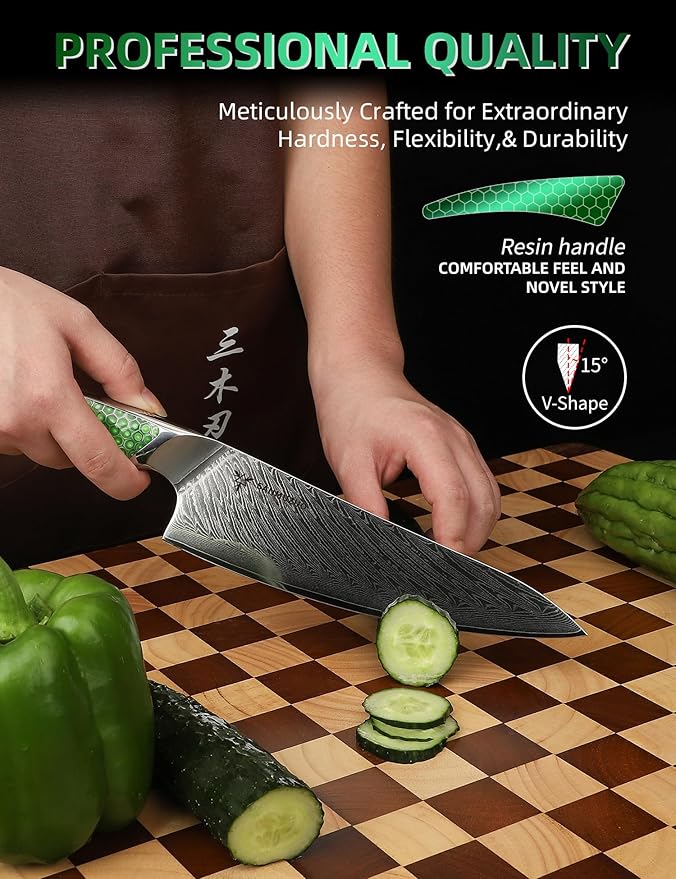 8 inch Chef Knife, Japanese VG-10 Damascus Steel Kitchen Knife, Ultra Sharp Cooking Knife with Full-tang Handle in Green Resin, LA-S9 Series