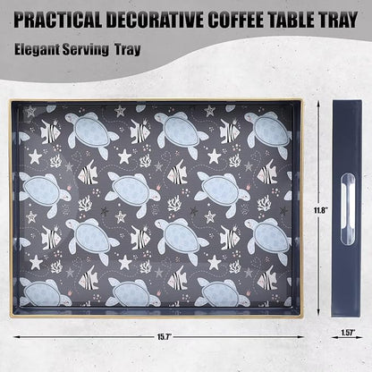 Spsyrine Decorative Serving Tray with Handles, Blue Lacquered Coffee Table Tray for Ottoman, Rectangle Waterproof Platters for Centerpieces, Parties, Living Room, Kitchen Counter Organization Turtle