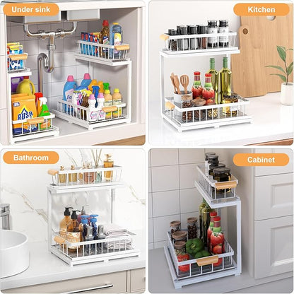 Under Sink Organizer,2 Tier Under Sink Organizers and Storage,Slide Out Pull Out Cabinet Organizer Shelf, Metal Sliding Drawer for Kitchen Bathroom Pantry Cabinet Closet Organization Rack