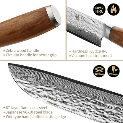 Wakoli Damascus Knife Block Set – 4-Piece Professional Chef Knife Collection with Magnetic Block | Genuine 67-Layer Damascus Steel Blades with VG10 Core | Ergonomic Zebrawood Handles