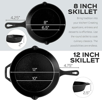 Cast Iron Skillet Set - 8" + 12"-Inch Frying Pan - Pre-Seasoned Oven Safe Cookware + 2 Heat-Resistant Handle Holder Grips - Indoor/Outdoor Use - Grill, Stovetop, BBQ, Camping Fire Pit, Induction Safe