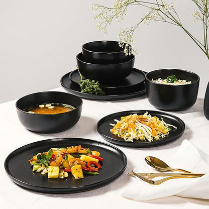 Gibson Elite James Street Stoneware Matte Reactive Double Bowl Dinnerware Set - Pepper Black, Service for 4 (16pcs)