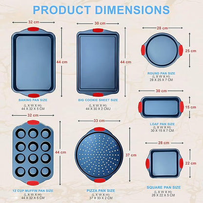 NutriChef 8-Piece Nonstick Baking Pan Set - Premium Carbon Steel Bakeware w/ Silicone Handles - Includes Pizza Tray, Loaf Pan, 12-Cup Muffin Pan, Round/Square Pans, & Cookie Sheet - Blue