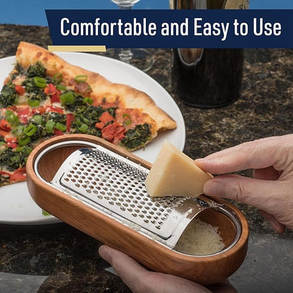 Cheese Grater with Container - Stainless Steel Cheese Grater with Cherrywood Serving Bowl - Fine Shredder Kitchen for Hard Cheese, Spices, and Zesting - Italian Kitchen Gadgets by Kings County Tools