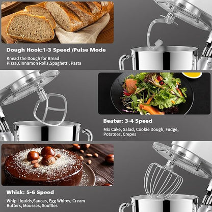 Stand Mixer, POWWA 7.5 Quart Electric Mixer, 6+1 Speed 660W Tilt-Head Kitchen Food Mixers with Whisk, Dough Hook, Mixing Beater & Splash Guard for Baking, Cake, Cookie (Silver-with Handle)