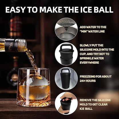 Clear Ice Cube Maker Tray – 2.5 Inch Large Round Ice Ball Mold, Stainless Steel & Silicone, Slow Melting Clear Sphere Ice for Whiskey, Cocktails, and Home Bar Use (Black-2 Pack)