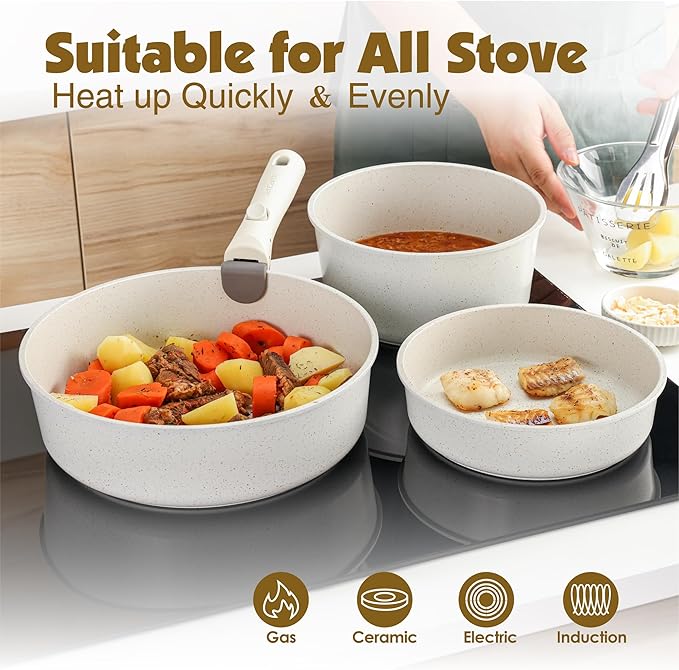 SENSARTE 17 Piece Pots and Pans Set, Nonstick Detachable Handle Cookware Set, Induction Kitchen Cookware Set with Removable Handle, Healthy Non Stick for RV, Dishwasher ＆ Oven Safe, PFOA Free (White)