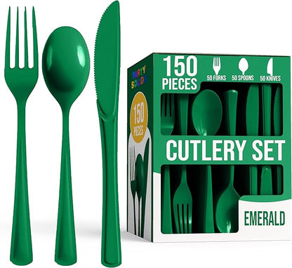 Party Solids Emerald Green Plastic Silverware Heavy Duty 150 Pieces Green Plastic Cutlery Sets, Utensil Sets, 50 Of Each Forks, Knives & Spoons Disposable Cutlery Set, Flatware Set For Party Supplies