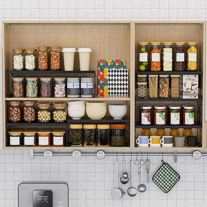 Stackable Expandable Metal Shelf Organizer - Adjustable Wire Storage Rack with Holes for Kitchen, Bathroom, Cabinet, Office - Space Saving, Durable & Sturdy Design（1PACK/Large/Black