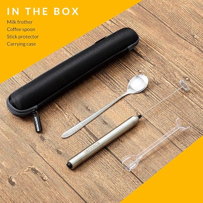 ROMAUNT Handheld Milk Frother Electric Battery Operated Portable Milk Foamer for Coffee Latte 304 Stainless Steel Whisk with Protective Case, Mix Spoon for Traveling or Camping