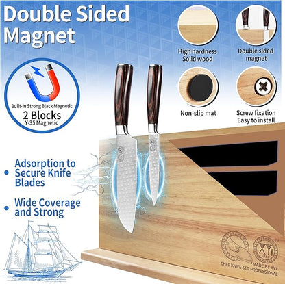 XYJ Authentic Since 1986 Magnetic Knife Block, Powerful Double-Sided Wooden Magnetic Knife Holder, Cutlery Display, Universal Kitchen Knife Stand Storage Rack Without Knives