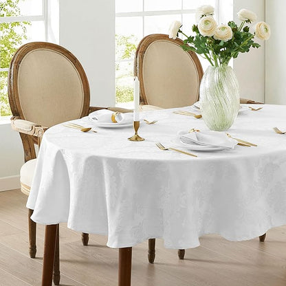 Newbridge Barcelona Luxury Damask Fabric Tablecloth, 60” Wide x 84” Oval, White, 100% Polyester, No Iron, Soil Resistant Dining Room, Party and Banquet Table Cover
