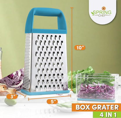 Spring Chef Professional 10" Parmesan Cheese Grater With Container, Stainless Steel & Soft Grip Handle, 4 Sided Kitchen Cheese Shredder Handheld Box Grater for Vegetables, Carrot, Ginger - Aqua Sky