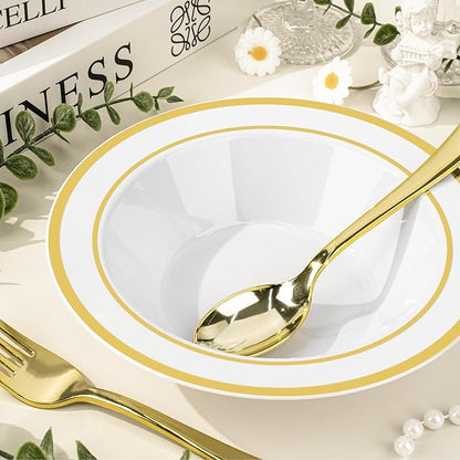 BESTVIP 100 Pack Plastic Bowls with Gold Rim, 12 oz Disposable Soup Bowls, Heavy-duty Dessert Salad Bowl for Party, Wedding, Christmas, Thanksgiving, Dinner, Catering