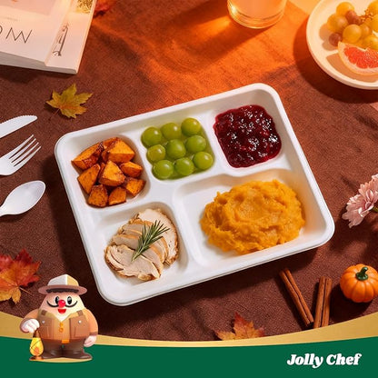 JOLLY CHEF Compostable 𝟱 Compartment Paper Plates 10*8.25*1 𝗶𝗻𝗰𝗵 [𝟱𝟬𝟬 𝗣𝗮𝗰𝗸] Small Heavy Duty Divided Disposable White Eco-Friendly Biodegradable Food Tray for School Lunch Thanksgiving Day
