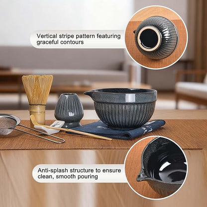Matcha Whisk Set, Ceramic Matcha Bowl with Spout, Bamboo Whisk, Scoop, Ceramic Holders, Stainless Sifter, Towel, Perfect 7pcs Matcha Starter Kit for Tea Ceremony, Japanese Tea Making Tools (Grey)