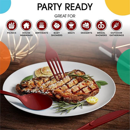Party Solids Burgundy Plastic Silverware Heavy Duty 300 Pieces Burgundy Plastic Cutlery Sets, Utensil Sets, 100 Of Each Forks, Knives & Spoons Disposable Cutlery Set, Flatware Set For Party Supplies
