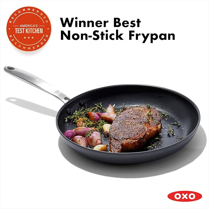 OXO Enhanced 12" Frying Pan Skillet, PFAS-Free Ceramic Nonstick, Durable Hard Anodized Cookware, Scratch Resistant, Stainless Steel Handle, Good Grips, Dishwasher & Oven safe, Black