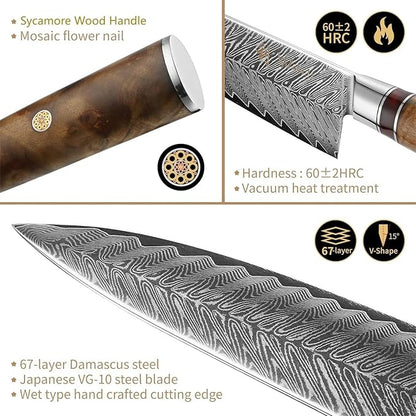 Wakoli Damascus Chef Knife Set with Magnetic Block – 5-Piece Professional Kitchen Knife Collection | Genuine 67-Layer Damascus Steel Blades with VG10 Core | Ergonomic Sycamore Wood Handles