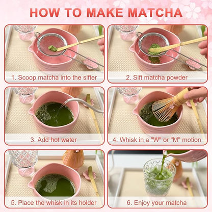 Matcha Set–7-Piece Set Including Matcha Bowl with Spout, Whisk, Chasen Holder, Sifter, Bamboo Scoop,Scoop Stand,wood spoon(Daisy Pink)–Perfect for Matcha Lovers&Tea Ceremonies