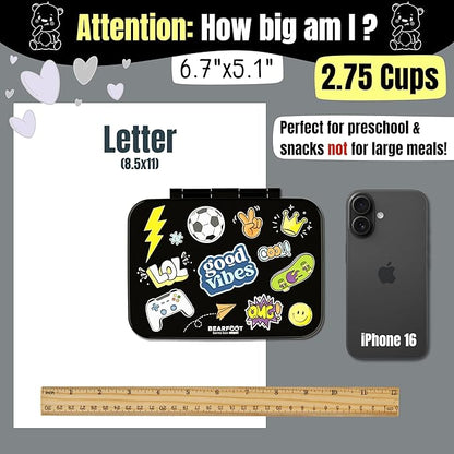 BEARFOOT Kids Lunch Box with Compartments – Compact & Lightweight | Leak-Proof, BPA-Free, Dishwasher & Microwave Safe | Hand-Drawn Design for Preschool, School, Travel (Sticker Black, 2.75 Cups)