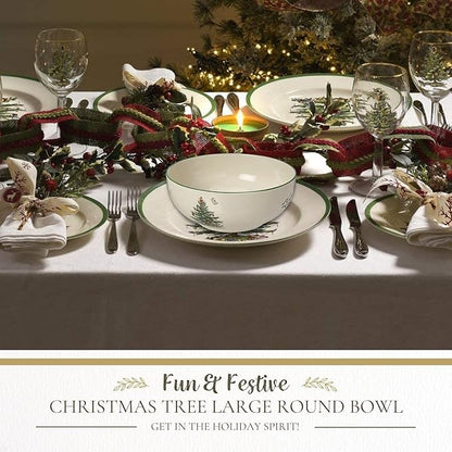 Spode Christmas Tree Large Round Bowl - 10-Inch Porcelain Serving Dish for Salad, Pasta & Side Dishes - Iconic Holiday Design with Green Trim, Dishwasher, Microwave Safe - Festive Gatherings