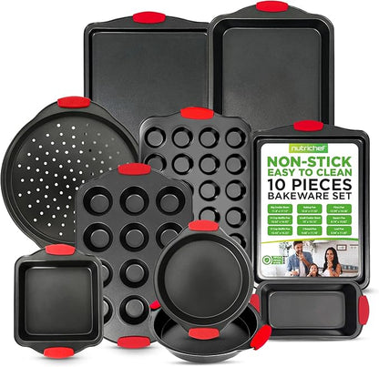 NutriChef 10‑Piece Non‑Stick Bakeware Set – Premium Carbon Steel Baking Pans Set with Silicone Handles – Oven & Dishwasher Safe – Complete Baking Sheet Set for Cookies, Muffins, Loaf, Pizza